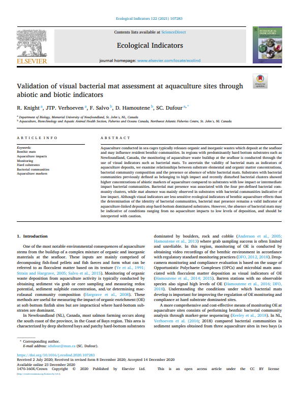 First page of: Validation of visual bacterial mat assessment at aquaculture sites through abiotic and biotic indicators