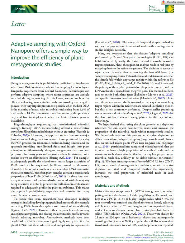 First page of: Adaptive sampling with Oxford Nanopore offers a simple way to improve the efficiency of plant metagenomic studies