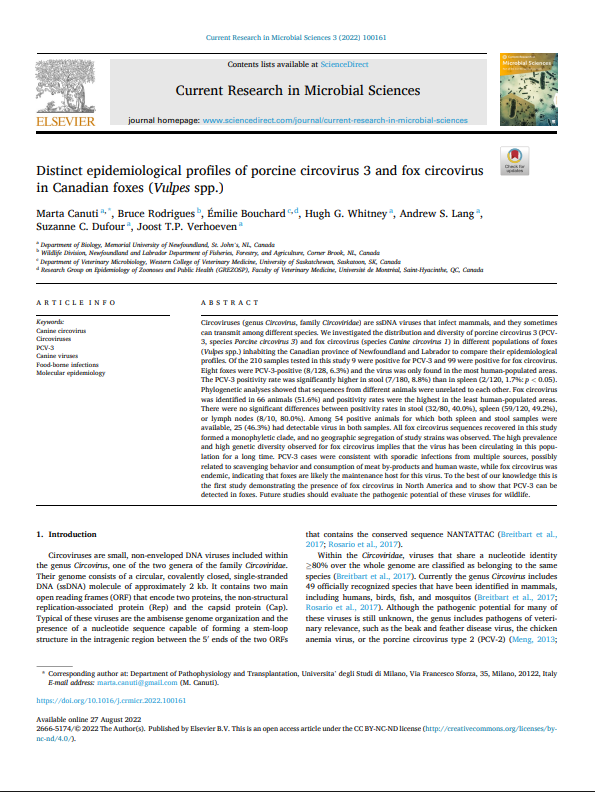 First page of: Distinct epidemiological profiles of porcine circovirus 3 and fox circovirus in Canadian foxes (Vulpes spp.)